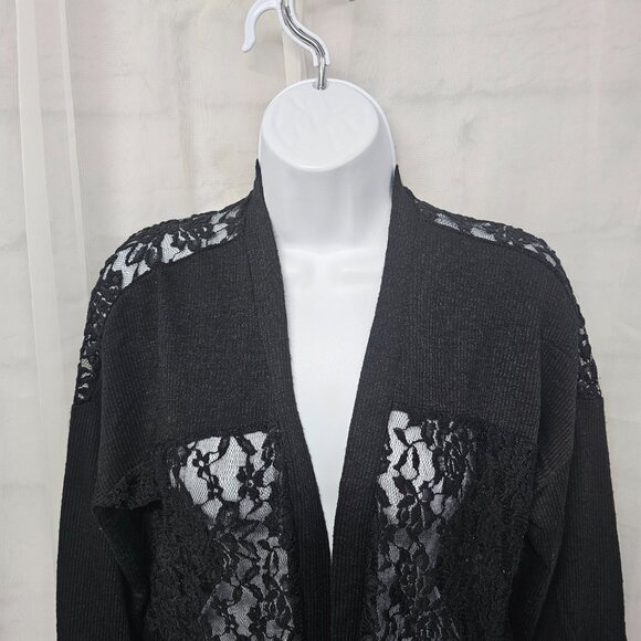 Black Lace Knit Cardigan Twee Coquette Whimsigoth Ribbed Sheer Y2K L - Picture 2 of 12